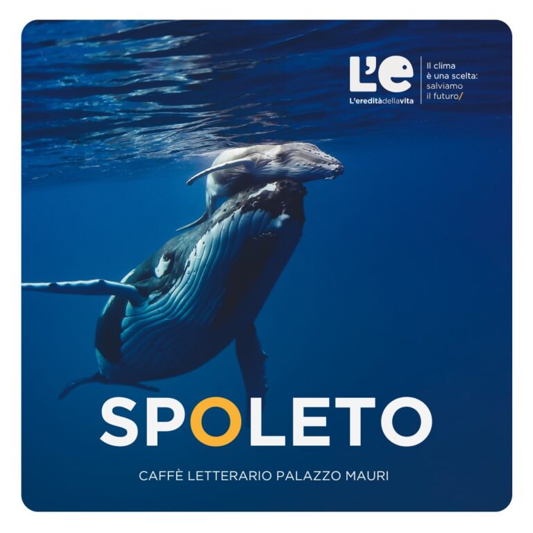 Balena con scritta "Spoleto - Caffè letterario Palazzo Mauri" - immagine copertina blog articolo su inaugurazione Eredita della vita a Spoleto