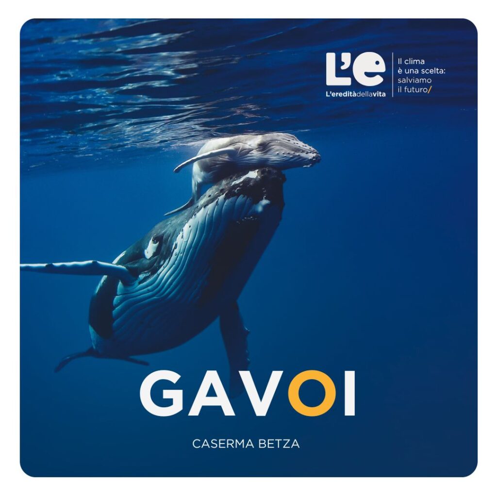 Megattera nell'oceano che spinge un piccolo verso l'alto. Una scritta grande al centro dell'immagine dice "Gavoi - Caserma Betza"