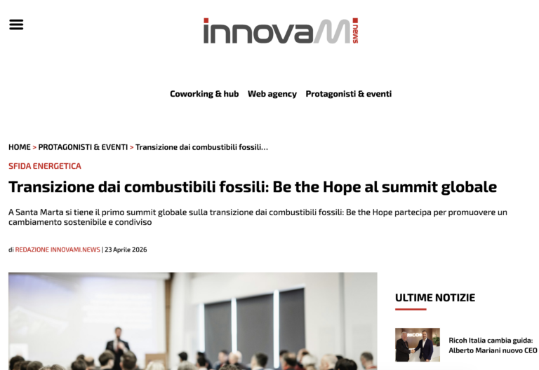 Schermata del giornale Innovami.news che riporta la notizia "Transizione dai combustibili fossili: Be the Hope al summit globale"