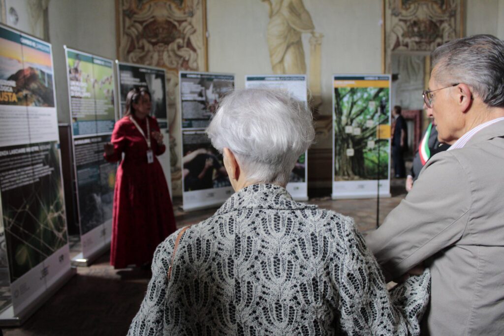 Visitatrici e visitatori ascoltano una presentazione guidata all’interno della mostra.