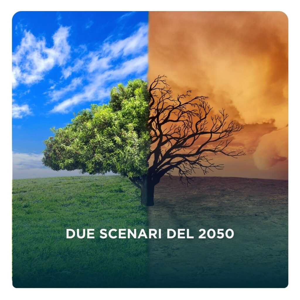 Copertina dell'articolo del blog. Un albero tagliato a metà, metà verde, metà bruciato con la scritta "Due scenari del 2050"