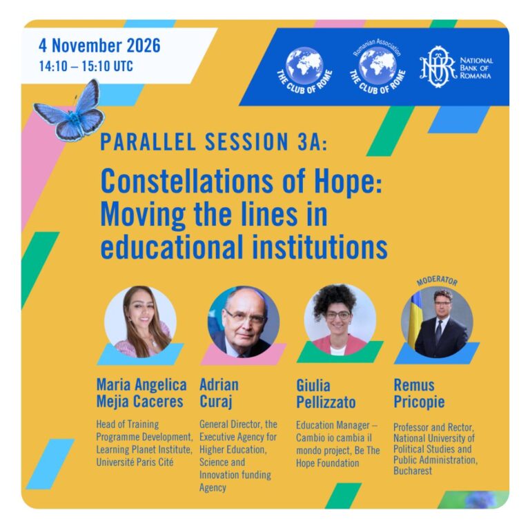 Locandina gialla per la sessione parallela 3A del Club of Rome, “Constellations of Hope: Moving the lines in educational institutions”, il 4 novembre 2026 dalle 14:10 alle 15:10 UTC, con i loghi di The Club of Rome, Romanian Association The Club of Rome e National Bank of Romania. In primo piano i ritratti di Maria Angelica Mejia Caceres, Adrian Curaj, Giulia Pellizzato e Remus Pricopie, moderatore.